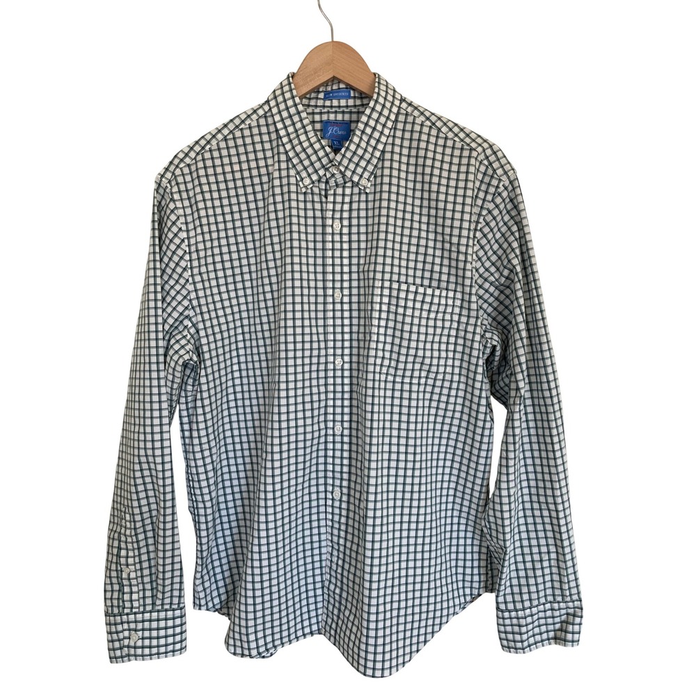 J.Crew Secret Wash Slim Untucked Shirt XL Green White Grid Stretch COOLMAX